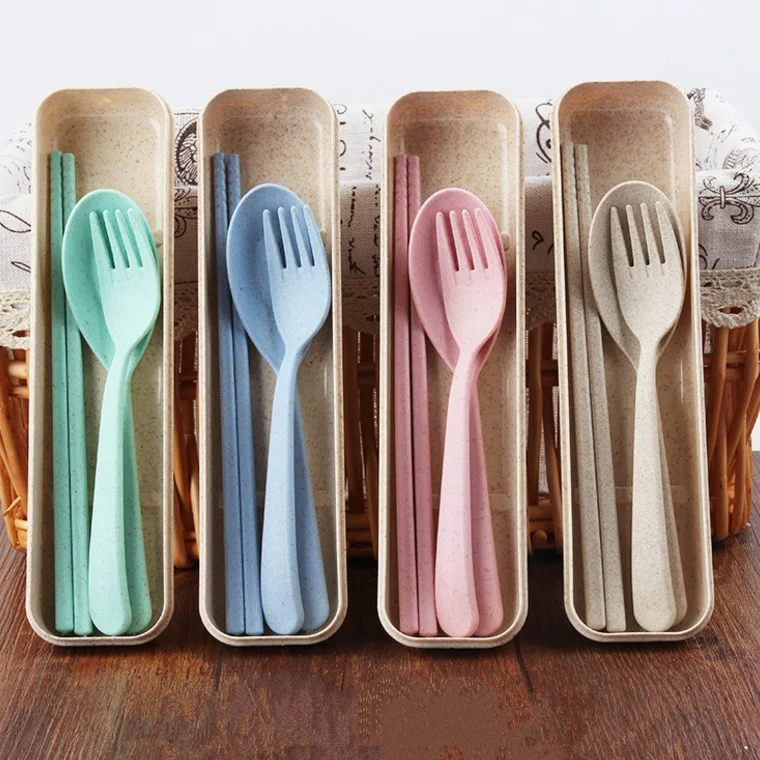 Creative Wheat Straw Spoon Fork Chopsticks Threepiece Set Portable