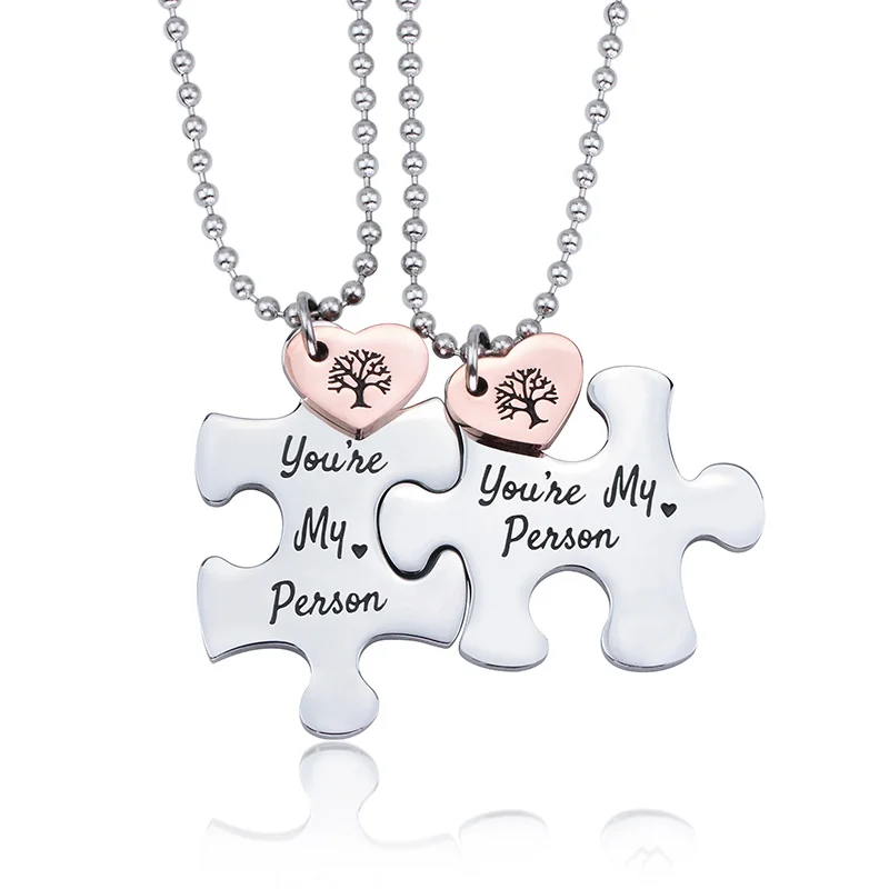 

Matching Stainless Steel Puzzles Personalized Custom Engraved ID Necklace for Valentines Day gifts Couples Best Friends, Picture shows