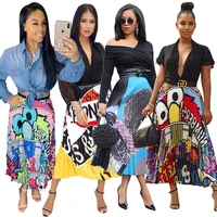 

SALD8277 cartoon print fashionable high waist casual women plus size long printed pleated skirt