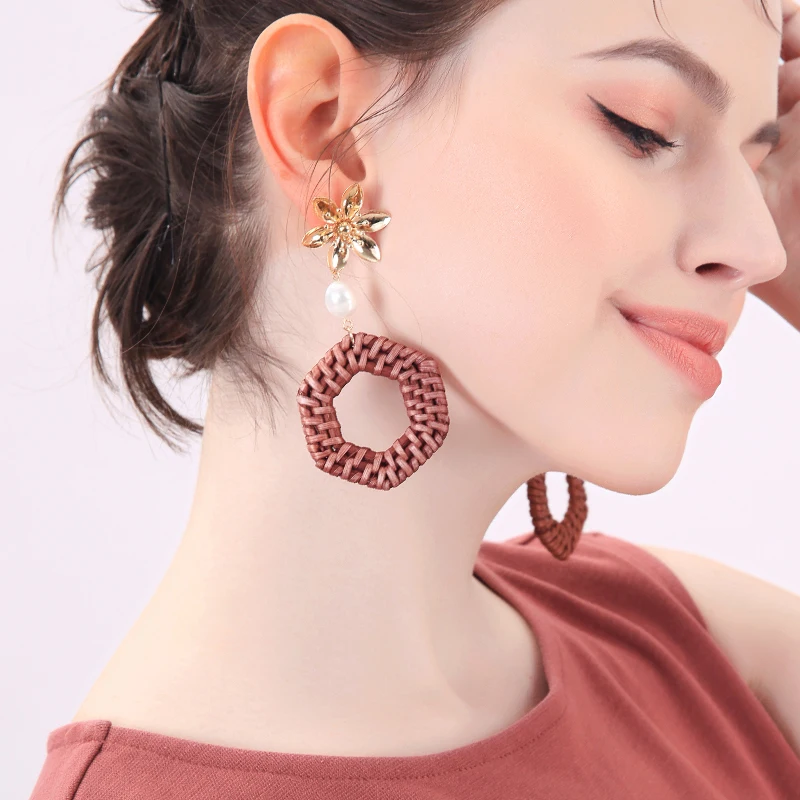 

ed01950d Wholesale Available Low MOQ Handmade Jewelry Vintage Boho Customized Braid Women Fashion Rattan Wooded Earrings, Gold