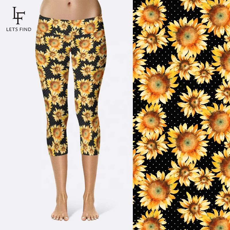 

High waist capri leggings custom sunflower printed leggings for women yoga pants double side brushed milk silk soft leggin