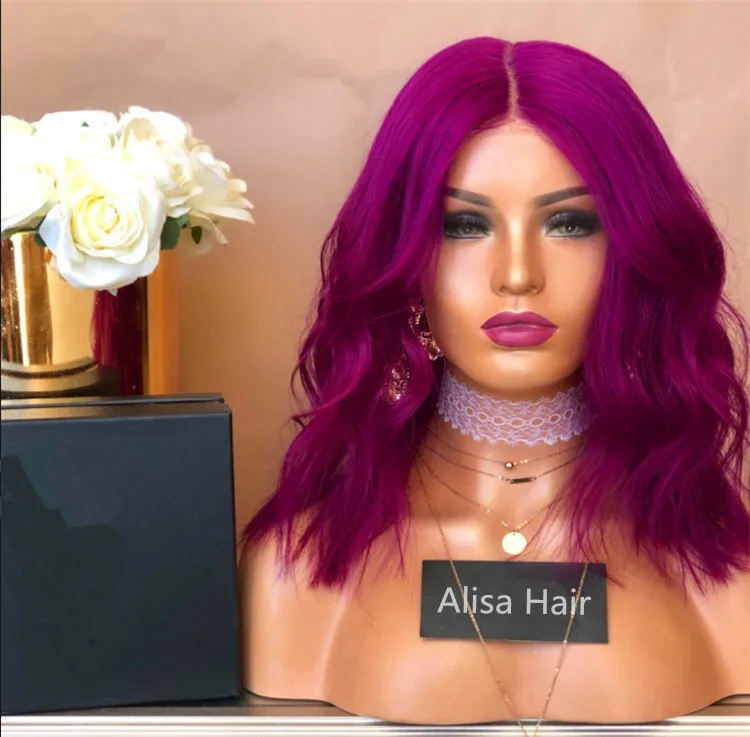 

Purple Color Short Wave Human Hair Wig Middle Part Lace Front Wigs