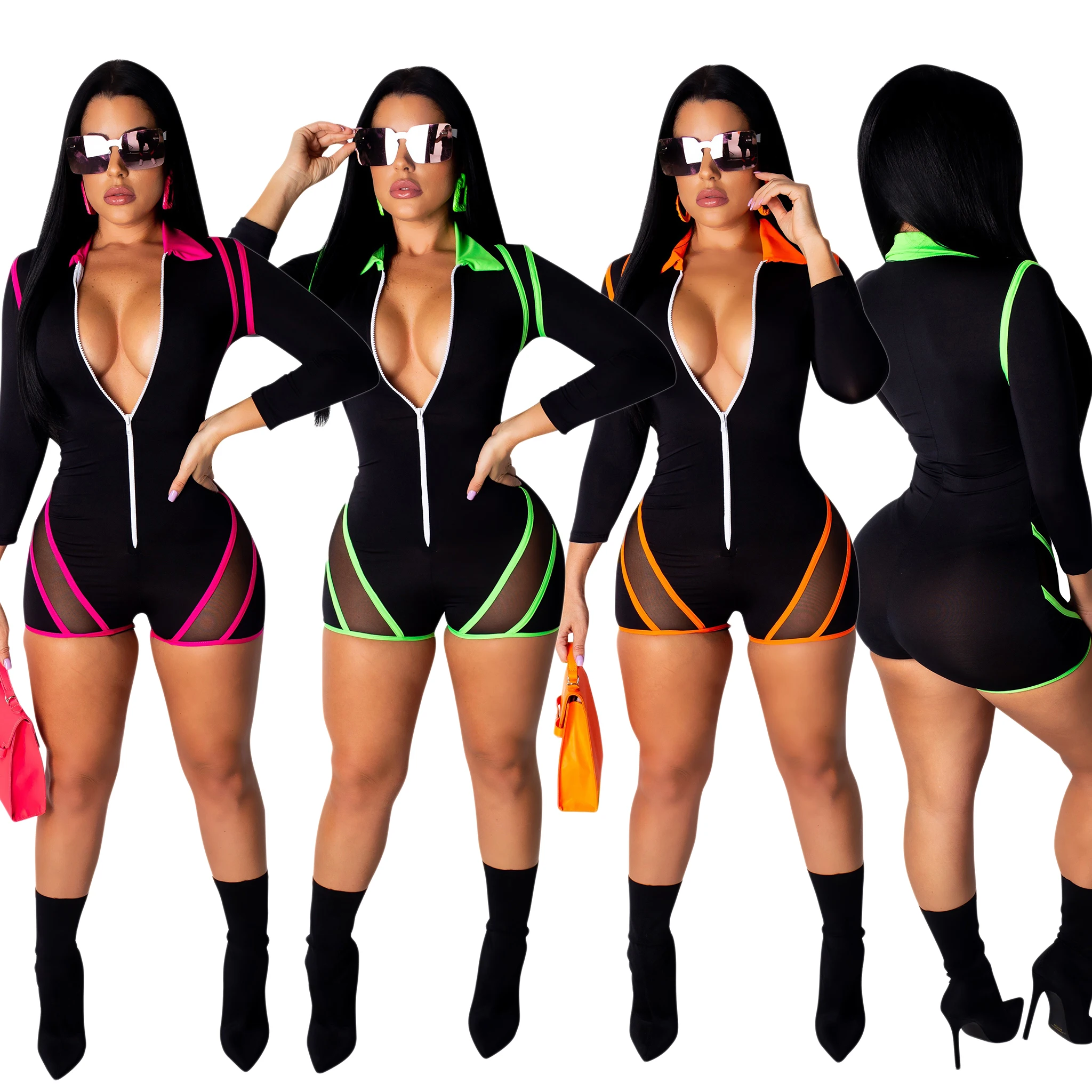 

new fashion Yoga sportswear patch mesh sexy bodycon short women jumpsuit