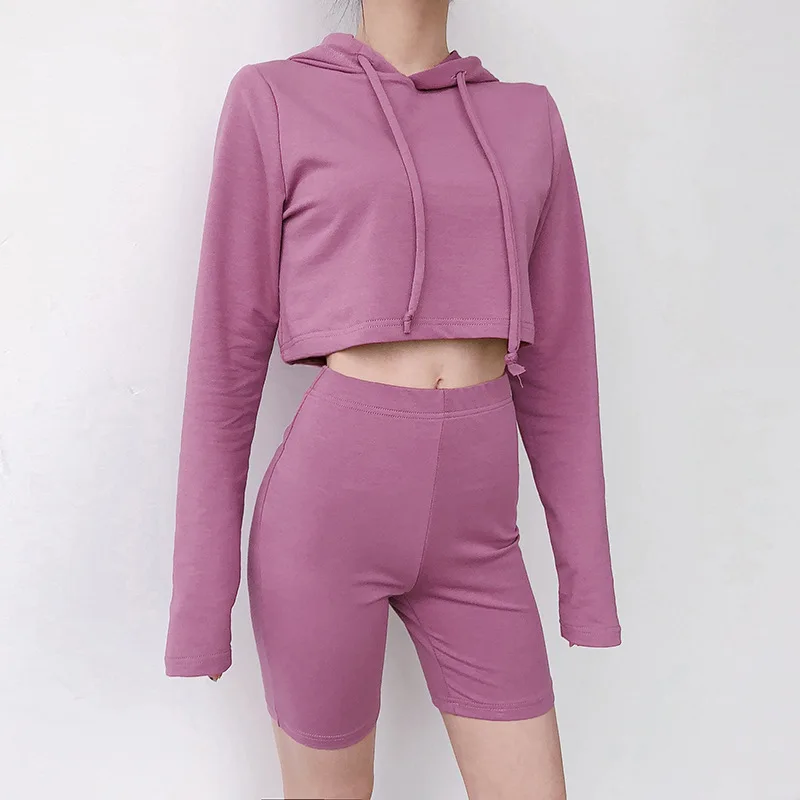 

Wholesale Women Sports 2 Pieces Crop Top Hoodie Shorts Set, Black;red;yellow