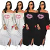New Off-Shoulder Casual Dress Fashion Women Off Shoulder Long Sleeve Maxi Dress Bowknot Sides Slit Cartoon Lips Maxi Women Dress