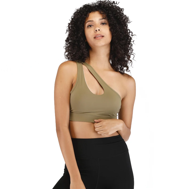 

New Arrival Women's Strappy Push Up One Shoulder Sports Bra Custom Logo Acceptable, Black/white/army green/sky blue
