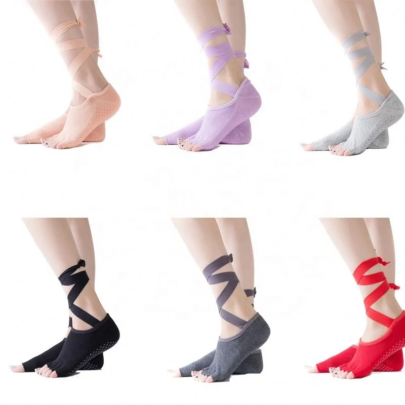 

Wholesale Women With Grip And Non Slip Toeless Half Toe Socks for Ballet Pilates With Long Lace Dance Yoga Socks, As picture