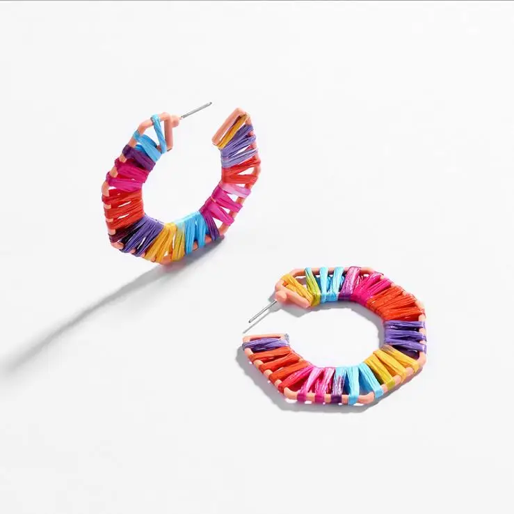

2019 latest fashion reinette raffia hoop earrings handmade weaving multicolor straw geometric earrings, Colorful