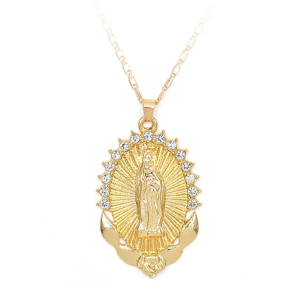

Vintage Women Accessories Virgin Mary Necklace Religious Catholic Pave Crystal Mother Mary Pendant Necklace