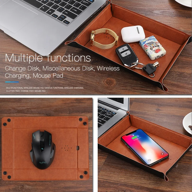 
2019 hot sale PU Leather Multifunction mouse pad Wireless charging tray 