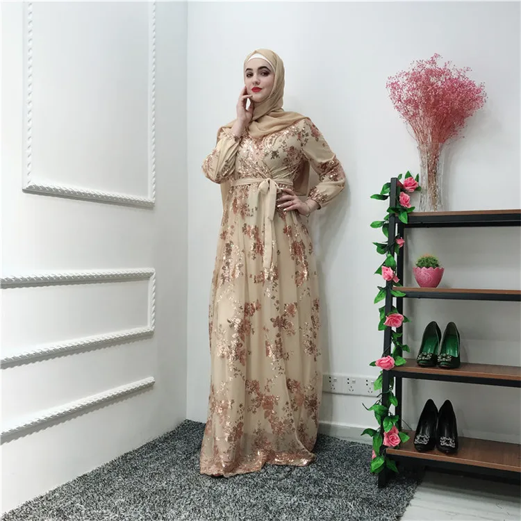 

2019 EID Fashion Women Islamic Maxi Long Lace Sequin Dress, Black,wine red,gray,green,beige,navy,green,white
