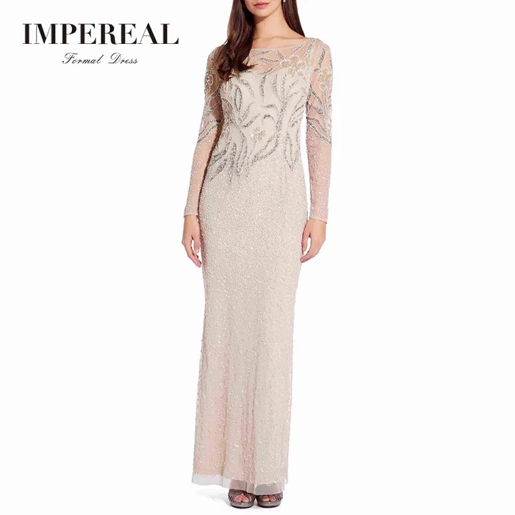 

Women Floral Beaded Sheer Evening Full Sleeve Maxi Dress, Custom color