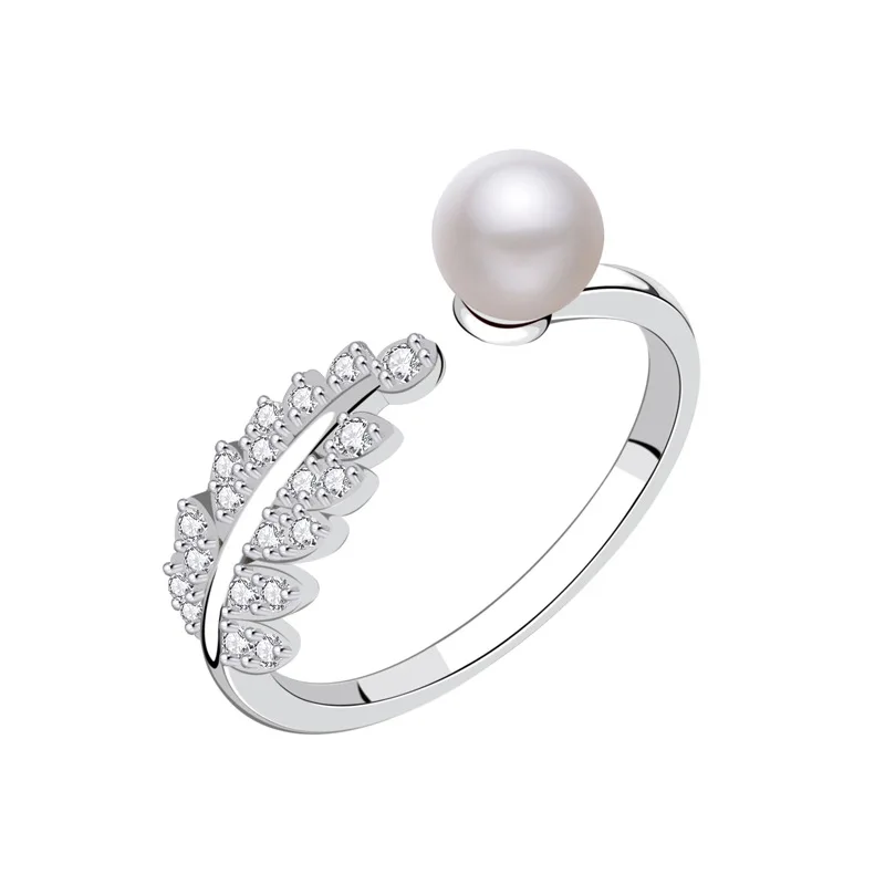 

Creative new 925 sterling silver jewelry Korean fashion leaf pearl ring, White pearl and silver color