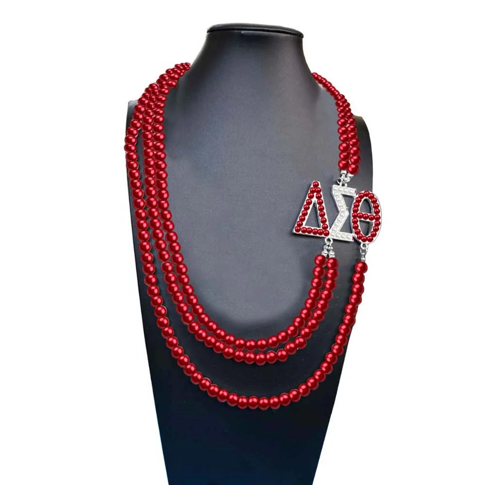 

Fashion DST Greek Sorority Delta Sigma Theta Pendant Multilayer Statement Jewelry Long Choker Red White Pearl Necklace, Picture