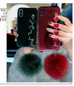 Luxury Stylish Velvet Heart Pendant Tassel Cloth pompom Hand catenary Phone Case for iphone xs max xr 678plus x