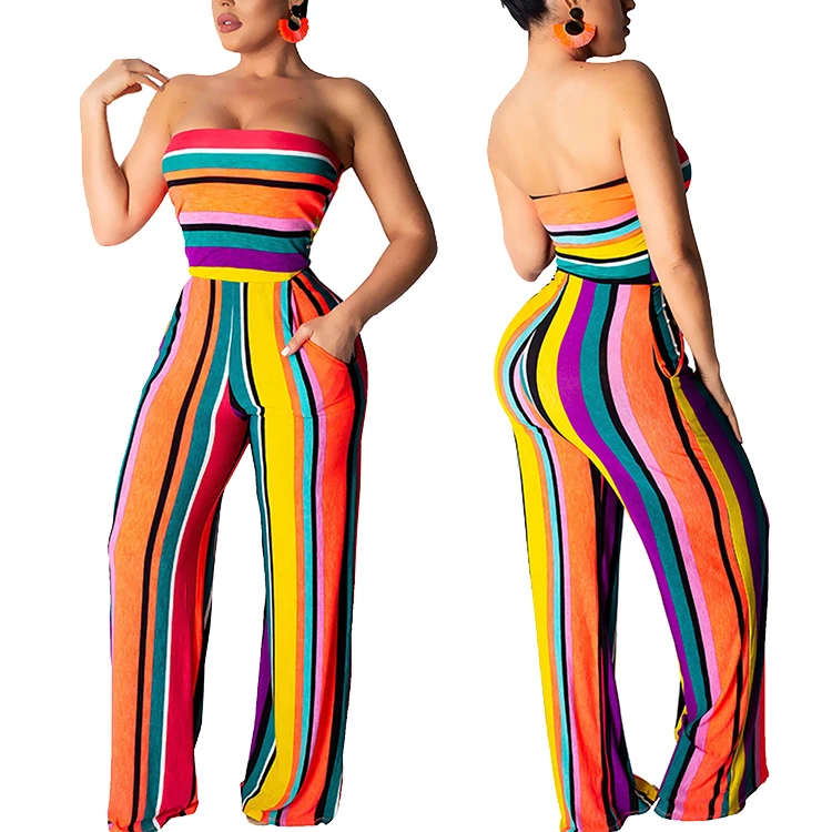 

2019 New Fashion Colorful Woman Summer Clothing Wide Leg Pants Stripe Jumpsuit, As picture;can be change