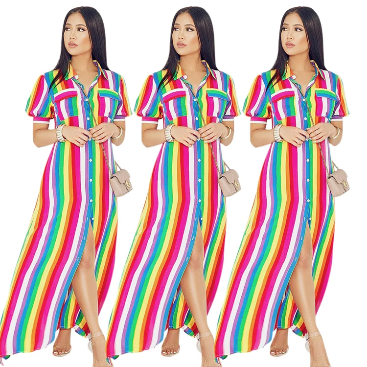 

Women Casual Plus Size Clothing Africa Long Maxi Button Down Color Stripe Printing Bohemian Shirt Dresses