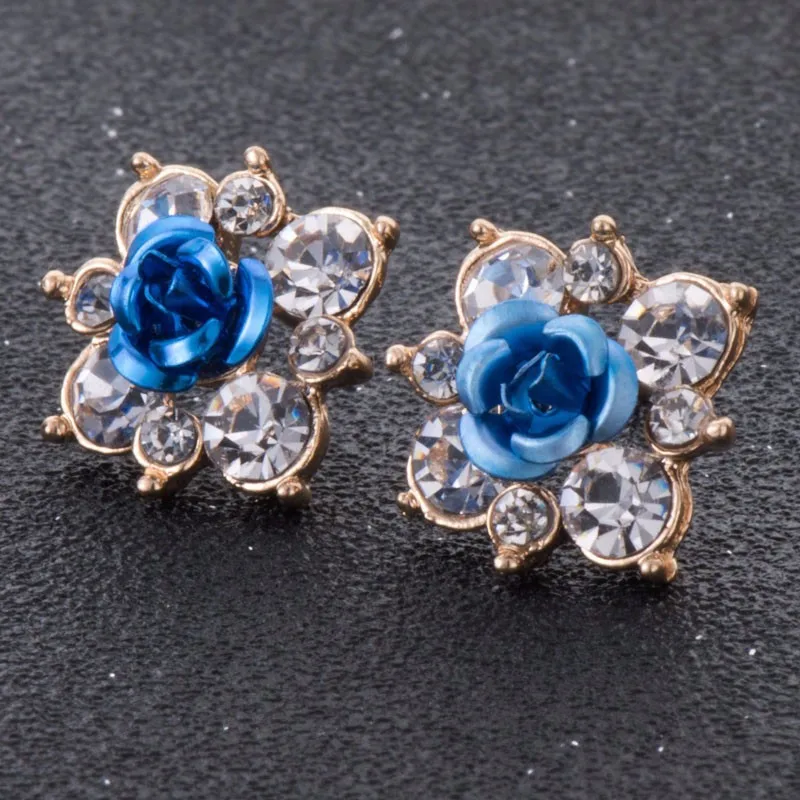 

High Quality Rhinestone Flower Crystal Stud Earrings For Women Party Rose Pink Blue Romantic Boho Fashion Jewelry