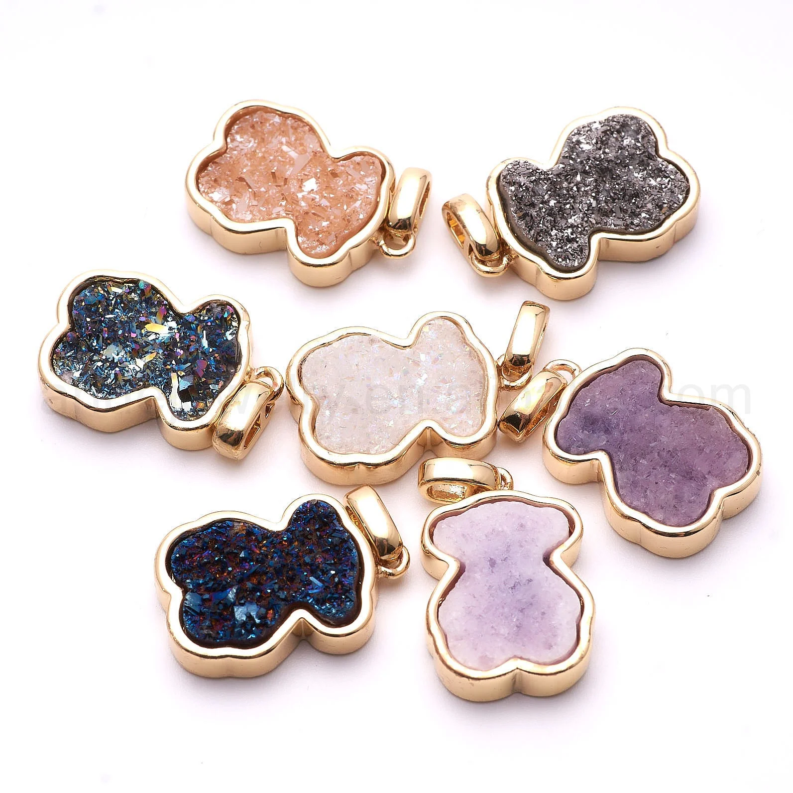 

ANDE-P2002 Natural Stone Druzy Agate Pendant Bear Shape Gold Sliver Trim Colorful Female Jewelry, Multicolor
