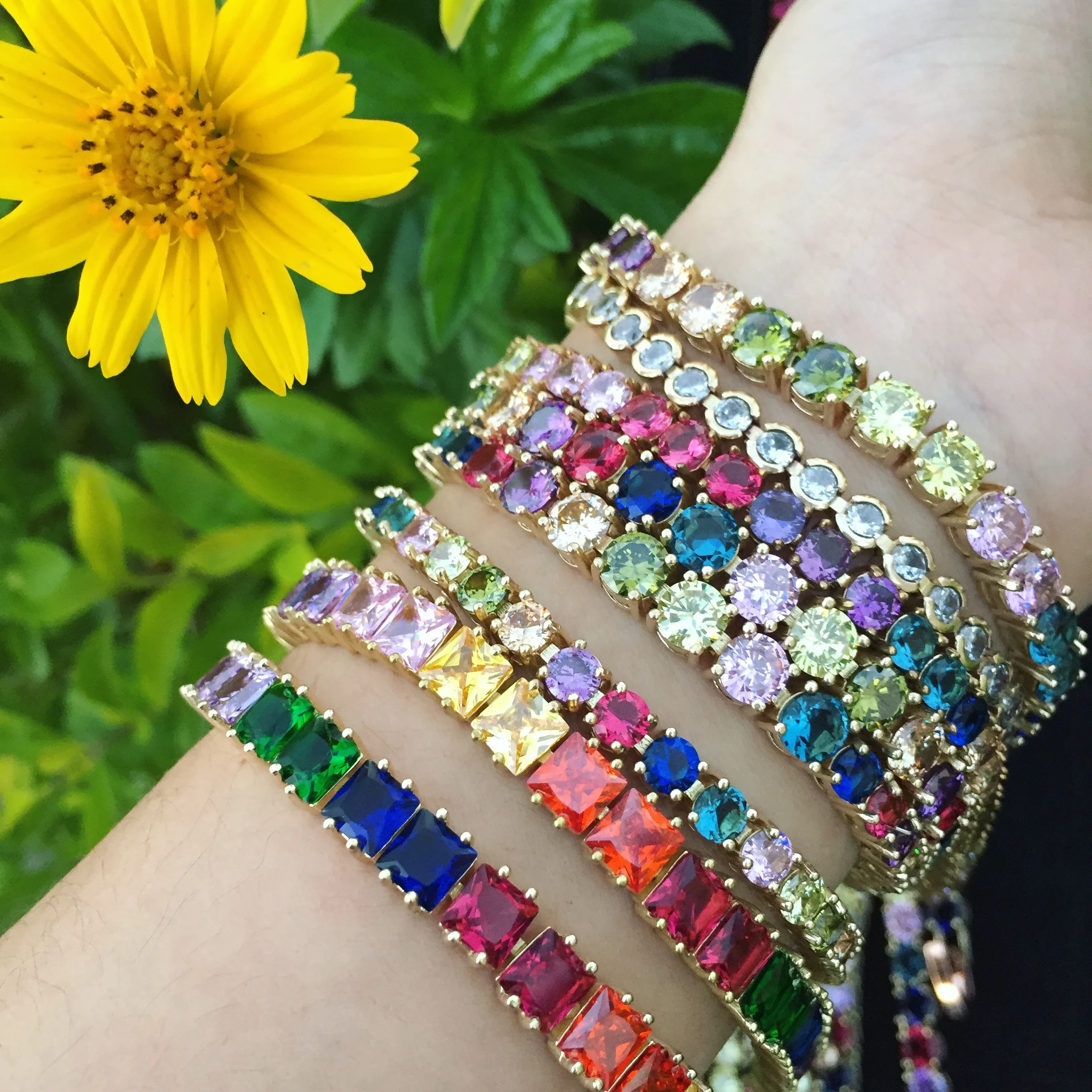 

Popular Gold Plated Jewelry Round Shape Rainbow Stone Rainbow Tennis Bracelet For Girls, Multi color