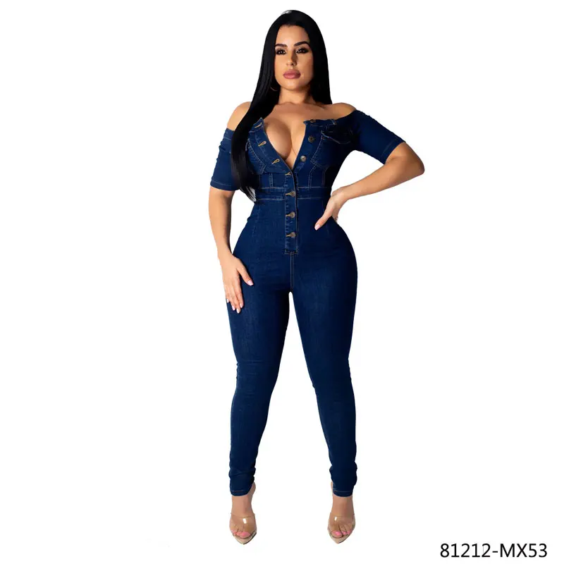 
81212-MX53 2019 new arrivals off shoulder denim jumpsuit one piece women clothing 