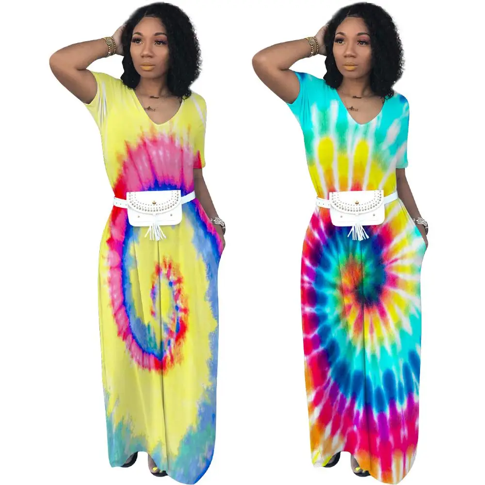 

2019 Summer Fashion woman clothing casual short sleeves one piece long dresses tie dye dress FM-3725, As picture