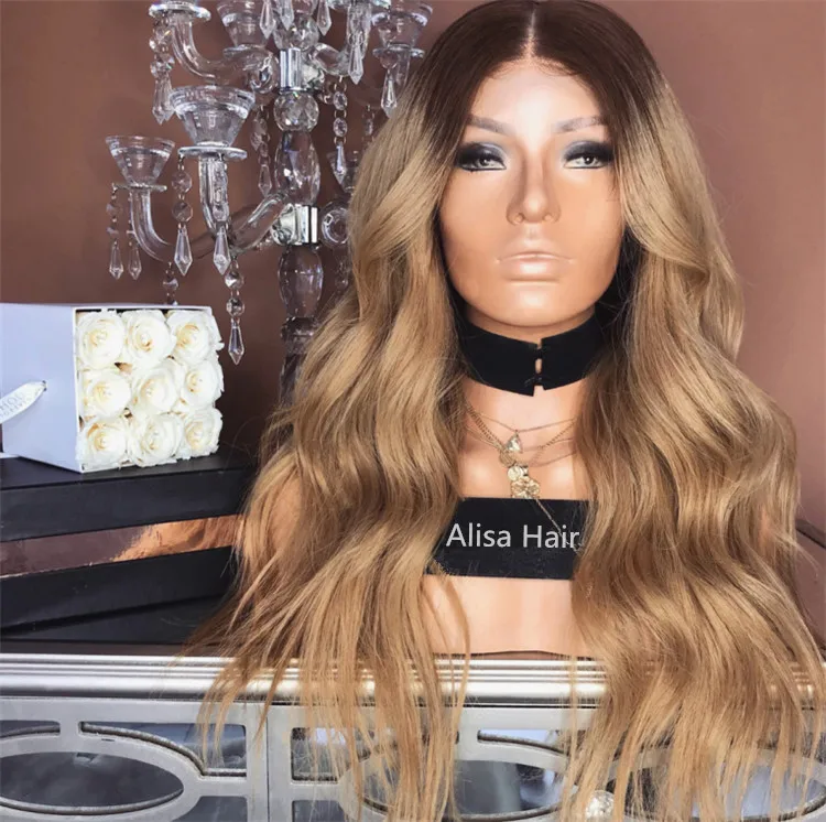T4/27 Brown Ombre Color Wave Style Human Hair Glueless Lace Front Wigs
