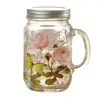 High quality Wholesale Pink peony picture glass mason jar with handle