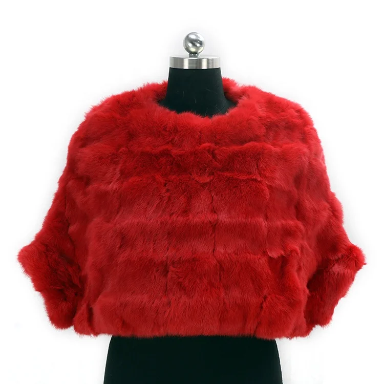 

Factory Wholesale Winter Women's Fashion Rabbit Fur Poncho Red Short Jacket Coat, More color