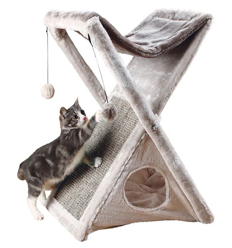 

Wholesale Amazon "X" Shape Cat Tree Scratcher kitty House Cat Toy Tower Wooden Cat House, Brown/grey