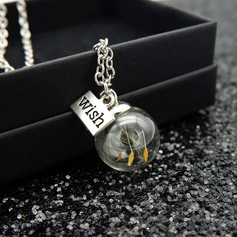 

Glass bottle Necklace Natural dandelion Seed In Glass Long Necklace Make A Wish Glass Bead Orb jewelry