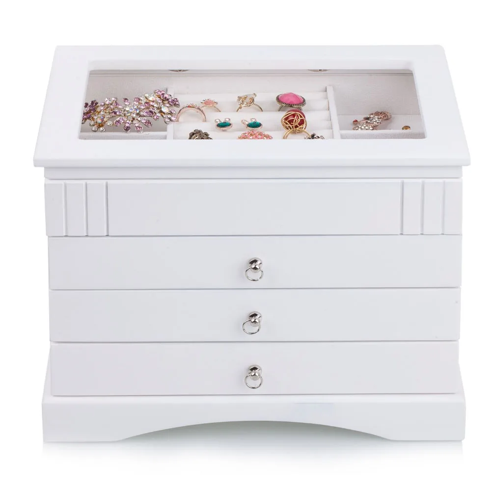 

Girls Rings Glass Top Organizer Earrings Bracelet Storage Large Wooden Jewelry Boxes, Customized