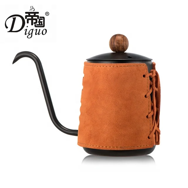 

Diguo Hot Sale 350ml 12Oz Orange Leather Wrapped Stainless Steel Coating Gooseneck Pour Over Coffee Tea Kettle