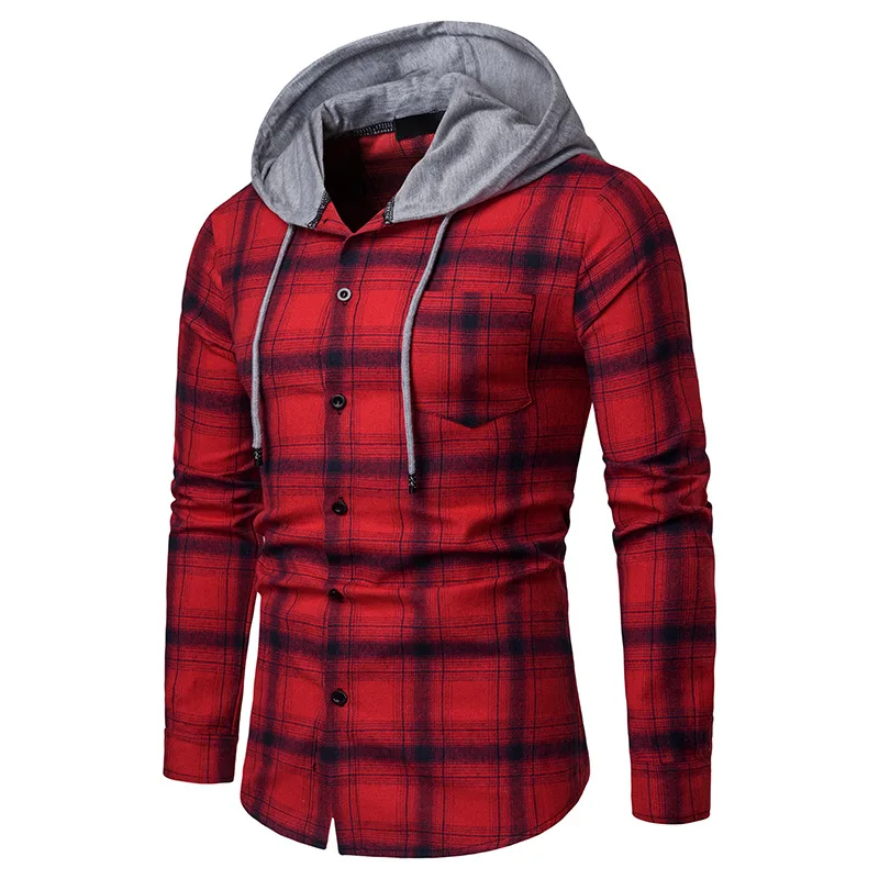 

Hooded Plaid Made China Long-sleeved Man Casual Shirt, Black
