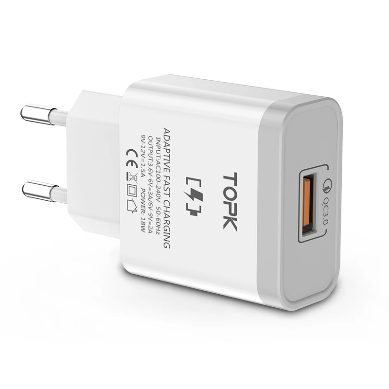 

TOPK 18W Quick Charge 3.0 ABS Fireproof Material Universal Cell Phone Wall Charger USB, Black/white