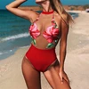 Red Lace High Waist Swimsuit Womens Sexy Bandage Bikini Floral Stitching Mesh Backless Swimsuit 2019 Beach Wear Biquini