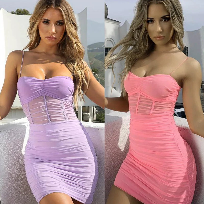 

Wholesale Bulk Purple Pink Spaghetti Strap Short Mini Ruffle Tight Girls Ladies Women Club Party Slip Mesh Sexy Dress Bodycon