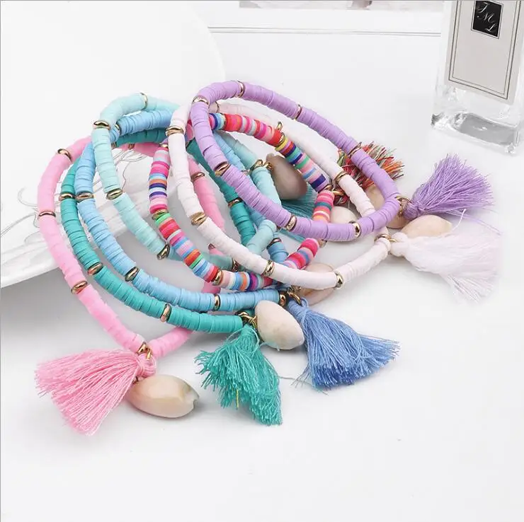 

BN1040 Beautiful Dainty Colorful Polymer Clay Vinyl Heishi Beaded Bracelet with Cowrie Shell Charm and Tassel, Colourful