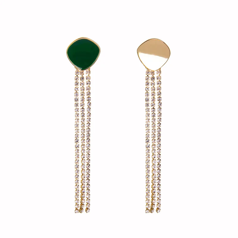 

ed01933d New Arrival Classic Asymmetric Gold Plated Green Enamel Long Crystal Tassel Pendant Earrings for Women