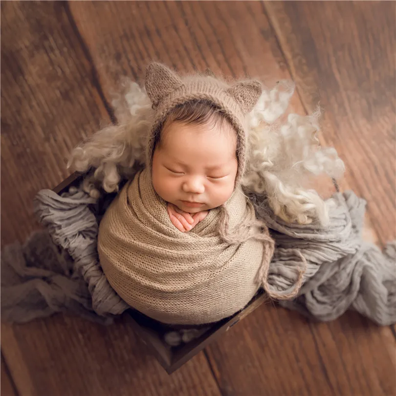 

Fluffy Angora Bonnet Newborn Wrap and Bonnet Set Photography Props Fuzzy Baby Girl Hat Stretch Knit Wrap Swaddle Blanket Props, Multiple color