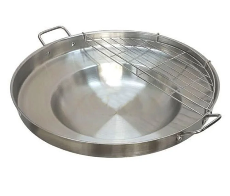 

Large Mexican Style Wok Comals Cazo Griddle Fryer Chicharron Deep Stainless Steel Fry Pan For Carnitas Panza Abajo 22.5" Paella, Silver