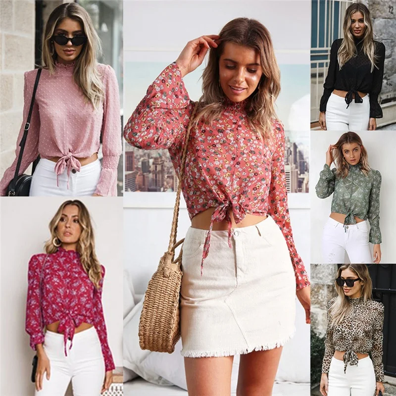 

New cross-border women's horn long sleeves front straps chiffon shirt, Pink;red;green;dark blue;black;red flower;floral;leopard