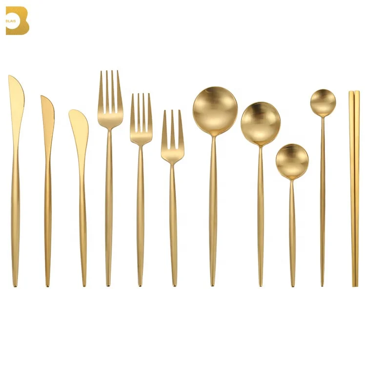 

guangzhou supplier metal golden chopstick Portugal wholesale stainless steel 18/10 flatware wedding matt gold cutlery set