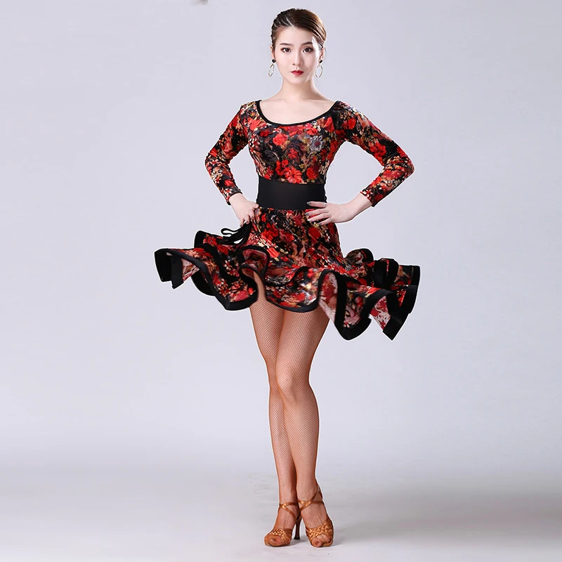 

Female Adult 2019 Autumn New Practice Performance Dance Skirt Latin Dress For Women, Red