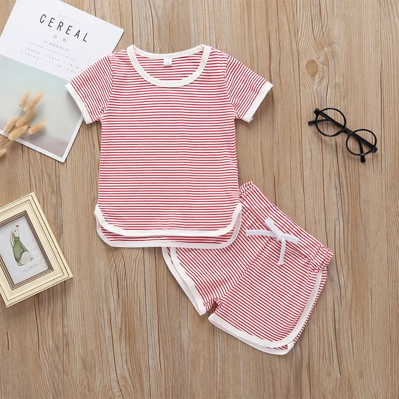 

2019 baby clothes set quality cotton summer kids striped t shirt shorts outfits baby boy girl cotton 2pcs suit, As picture