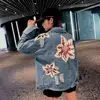 2019Spring New ladies embroidery ipped jeans coat womens boy friend cotton denim jacket oversize pearl beading jean jacket