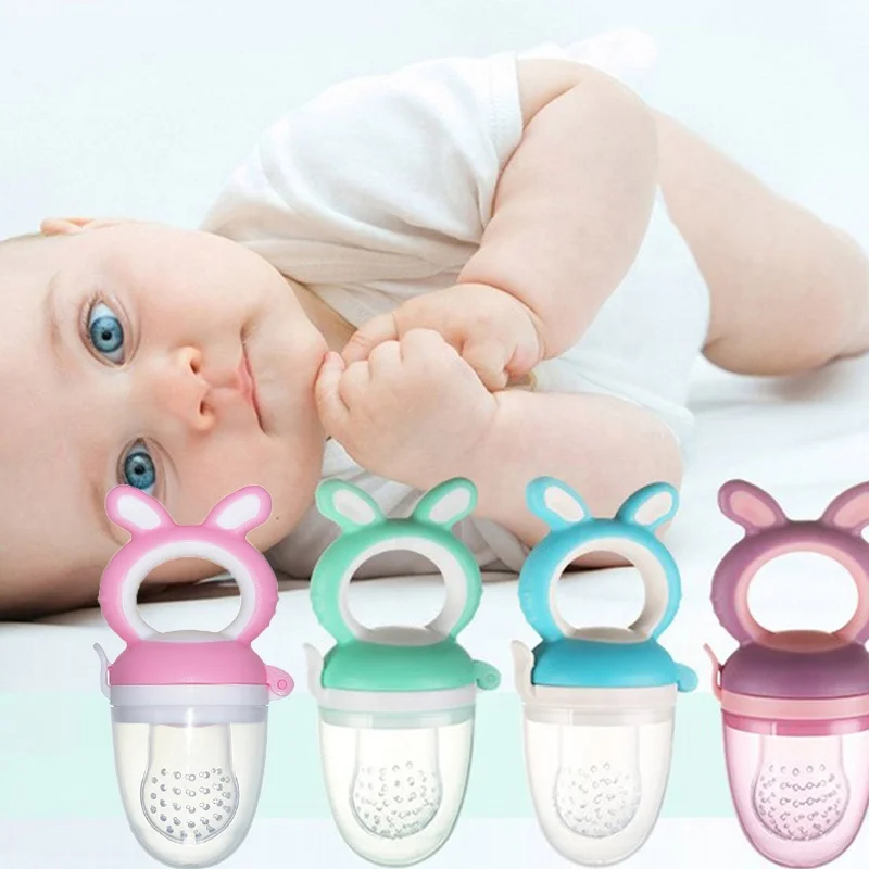 

rabbit shape infant feeder non-toxic Silicone baby chew fruit teether with pouch, Pantone color