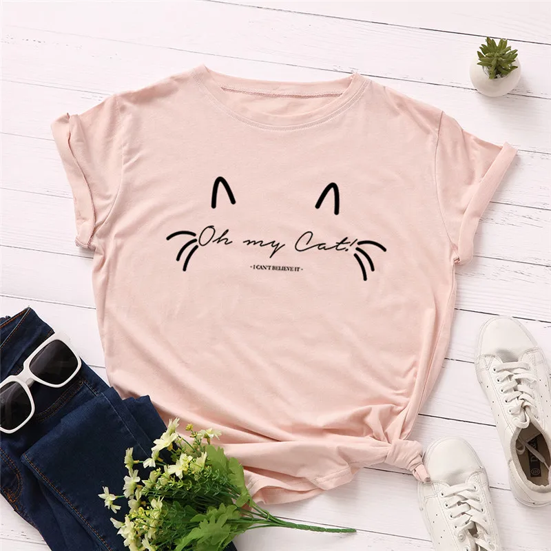 

Wholesale Summer Tshirts Cute Cats Smiling Face Women Causal Short Sleeve Tshirt Lady Printed O Neck T-shirt, Picture