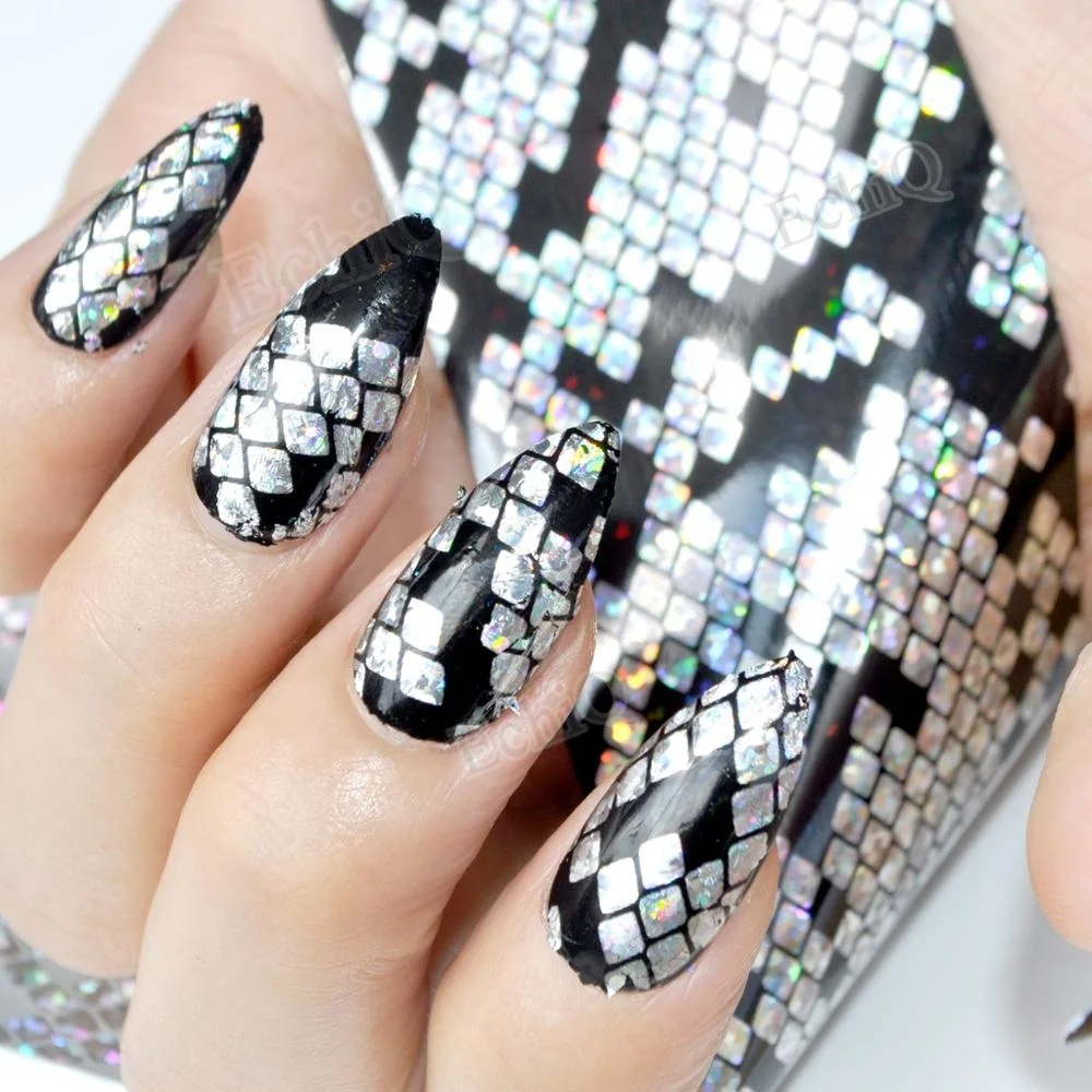 

Cool Snake Skin Nail Foil Decoration Black Holo Silver Nail Art Glue Transfer Foil Decals Sexy Style in Jar 1 meter