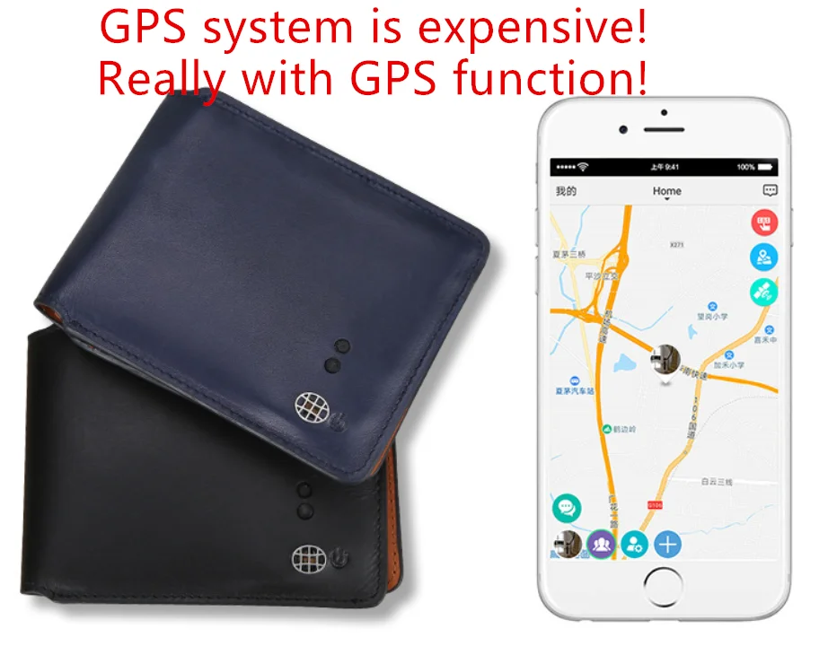 

Hot selling stocks ready power bank charger anti thieft tracker genuine leather mens gps smart wallet, Black/blue